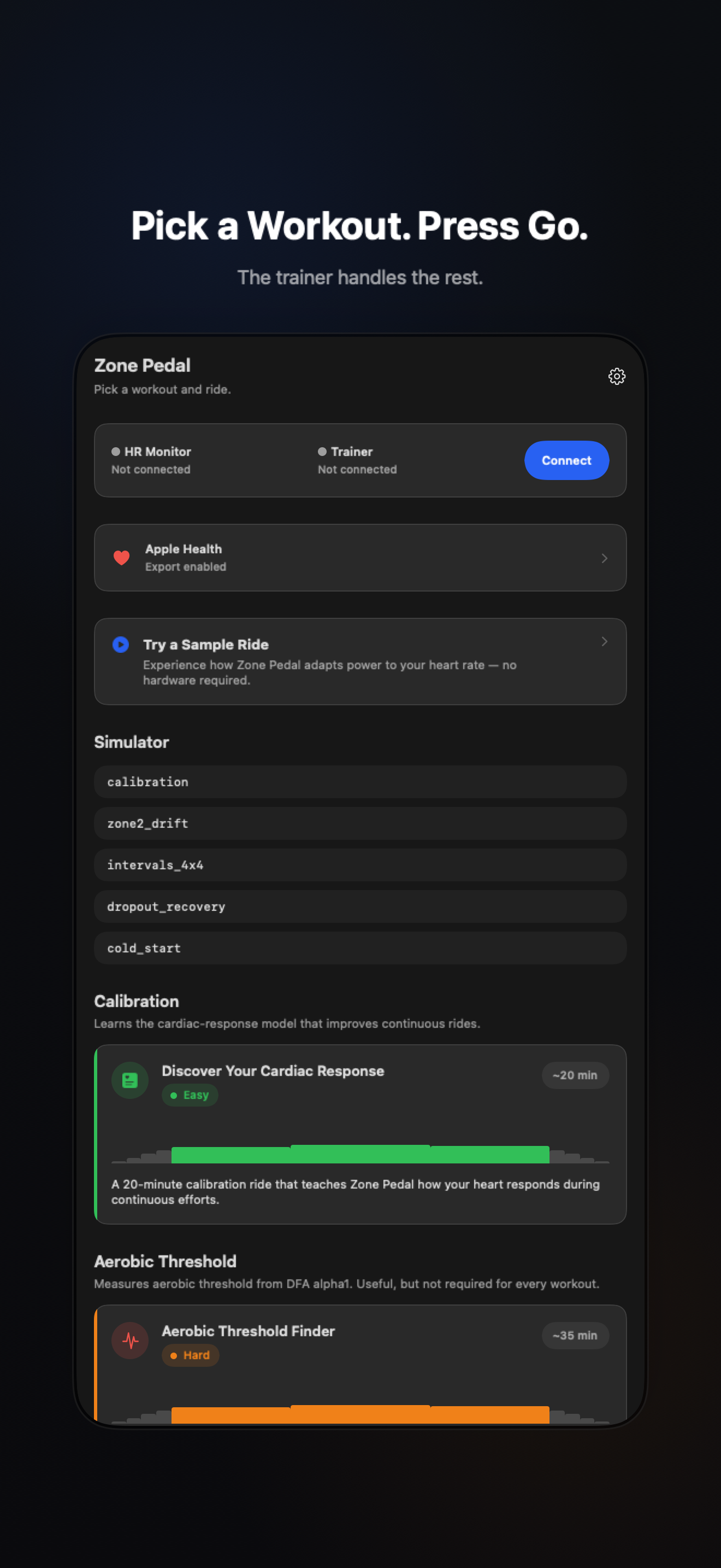 Zone Pedal dashboard with workout selection